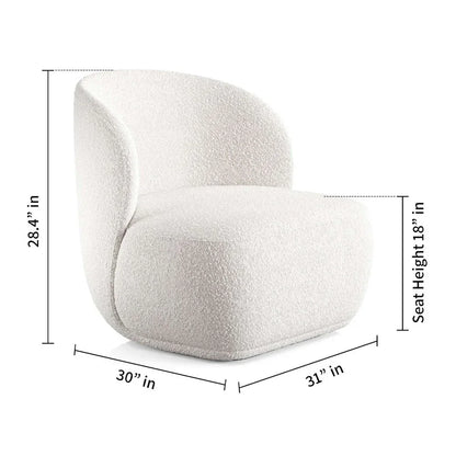 Detailed dimension chart of the white boucle barrel chair highlighting the 18-inch seat height, 31-inch width, 30-inch depth, and 28.4-inch overall height.