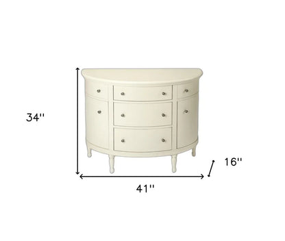A dimensional image of the White Demilune Console Chest showing the 41-inch width, 34-inch height, and 16-inch depth for spatial planning.