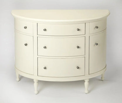 A full front view of the White Demilune Console Chest against a white background, showcasing its classic curved silhouette and solid wood construction.