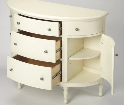The White Demilune Console Chest with drawers and side cabinet door open, showing the internal shelving and light wood drawer construction.